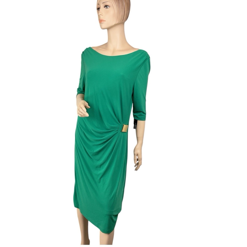 Tahari Arthur S. Levine Dress Womens 10 Sheath Green Slimming Side Ruched‎
